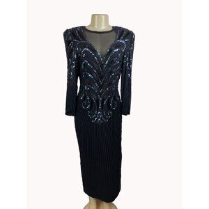 Vintage 80s A. J. Bari Women's Sequin Long Sleeve Black Dress Sz 10